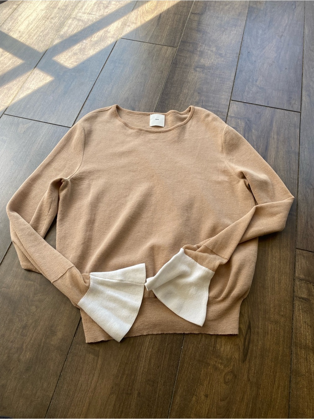 Neutral Beige Crewneck Sweater with White Fluted Cuffs